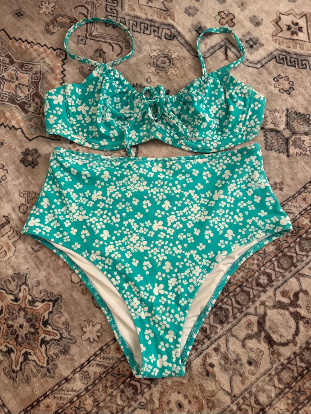 aerie White High-Waist Bikini Bottoms with Teal Floral Trim